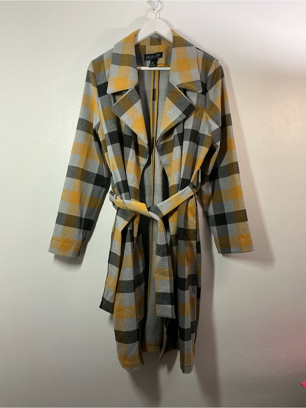 Rachel Zoe Yellow & Gray Plaid Belted Trench Coat Size Large